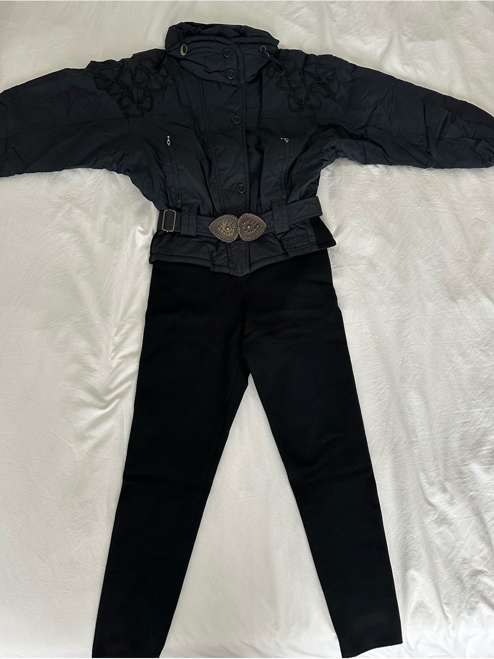 Vintage Colmar Black Jacket with Unique Embellished Belt One Piece Ski Suit